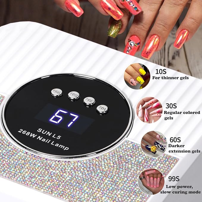 UV LED Nail Lamp 268W Gel Nail Light Nail Polish UV Dryer with 4 Timer Setting Quick Dry Nail Curing Tools for Salon & Home with 1 Contain Buff Nail Buffer Block（White）