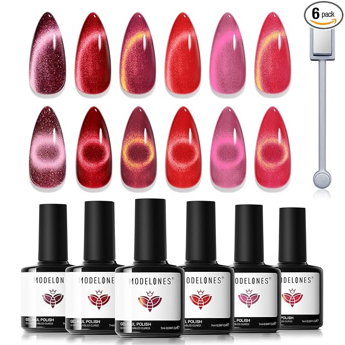 modelones Cat Eye Gel Nail Polish Set Glitter 6Colors Burgundy Red Sparkle