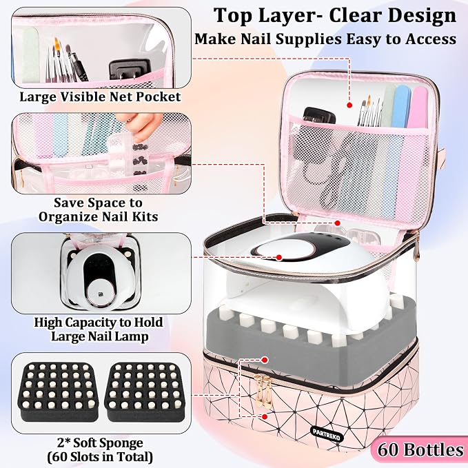 Clear Nail Polish Organizer Holds 60 Bottles (15ml/0.5fl.oz)& Nail Lamp, Double Layer Nail Supplies Organizer Case Transparent, PU Leather Nail kit Storage Bag for Manicure Tools (Pink)