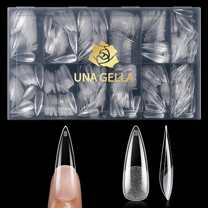 UNA GELLA Long Stiletto Gel Nail Tips 600Pcs Long Stiletto Almond Nail Tips | Pre Etched Clear Fake Nails Press on Nails No C Curve for DIY Art Salon at Home 12 Sizes