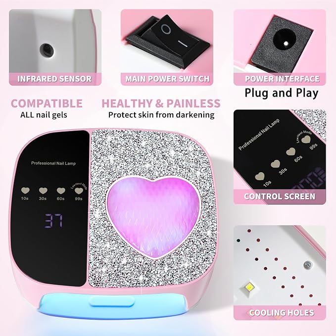 Nail Lamp, UV Light for Gel Nails, Professional Gel Light Dryer with 4 Timers,Plug and Play, Professional Fast Curing, UV Light for All Gel Nails, Ideal for Salon & Home (Pink, US Plug)