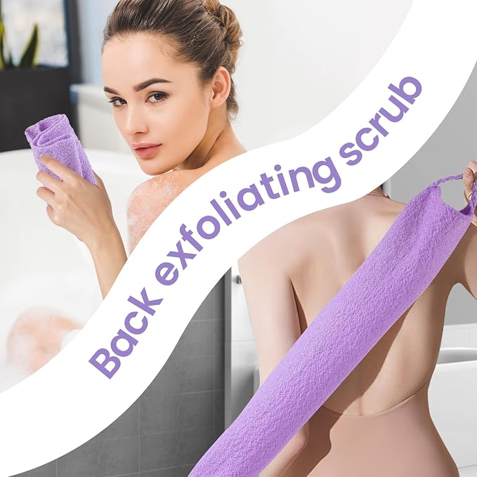 Silkyhose 3Pcs Dual-Sided Exfoliating Stretch Back Scrubber with Handles | Reusable Shower Essential. Deep Skin Cleansing. Textured Design. Soft, Gentle & Durable. 3 Colors: Beige, Pink, Purple.