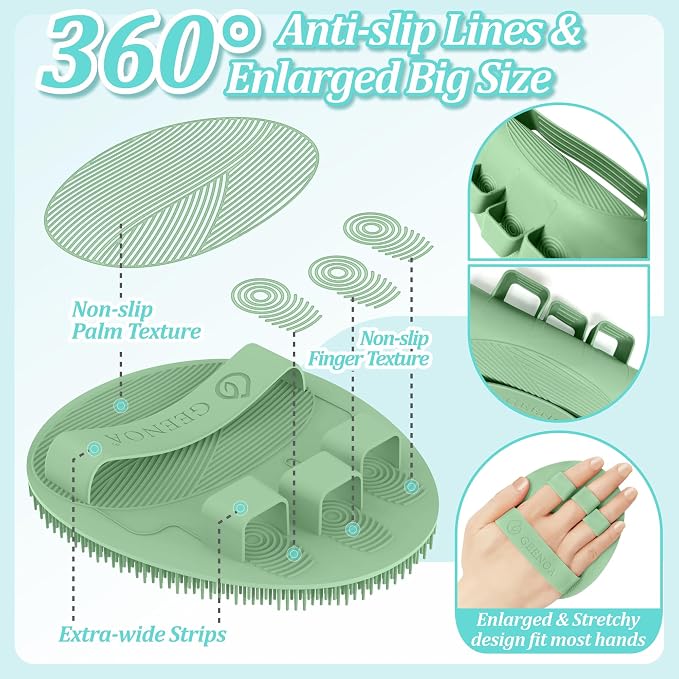 Silicone Back/Body/Face Scrubber & Scalp Massager Set 5PCS, 13.4'' Soft Back Scrubber, 360° Anti-Slip Bath Glove, Unique Side-bristled Face Scrubber, Shampoo Brush for All-round Cleaning(Green)