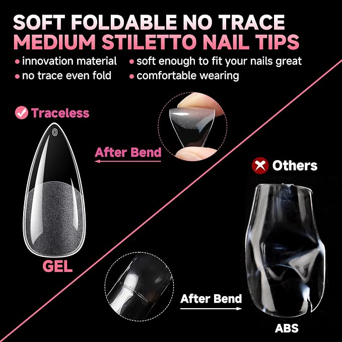UNA GELLA Medium Stiletto Nail Tips Full Cover Soft Gel 120pcs 12 Sizes | Pre-etched Stiletto Almond Press on Nails Clear Acrylic Fake False Nails for Nail Extensions Home DIY Salon