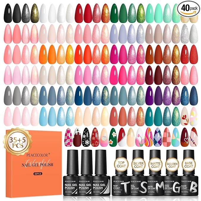 PEACECOLOR Gel Nail Polish Set 40Pcs, Gel Polish Kit 35 Spring Summer Colors with Base Coat Glossy Matte Glitter Top Coat White Nude Neutral Brown Pink Red Soak Off Nail Art Gifts for Women Home