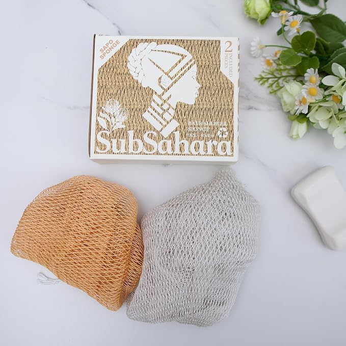 SubSahara Authentic African Net Sponge, 2 Pack 45-Inch Exfoliating Bath Sponge and Shower Loofah for Body and Back, Colorfast Quick-Dry Knotted Mesh Scrubber with Travel Pouch(Golden & Milky White)