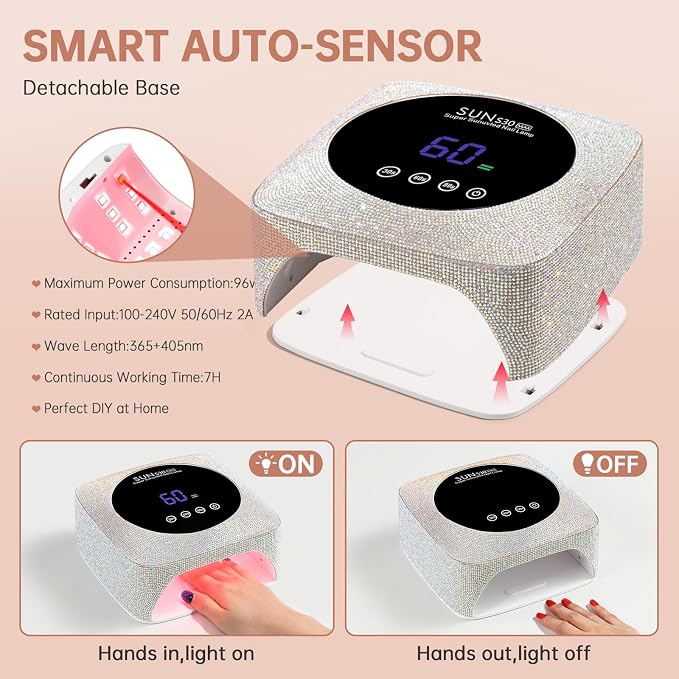 96W UV LED Nail Lamp Cordless Nail Dryer for Gel Polish | Rechargeable UV Light for Gel Nails Quick Dry Curing with Large LCD Display, with 3 Timer Setting Auto Sensor for Salon&Home