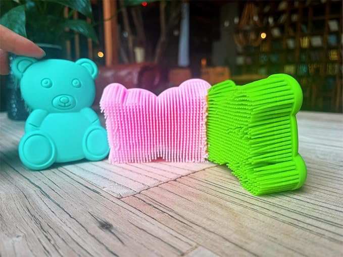 Premium Sensory Brushes for Kids or Autism,Soft Silicone Body Scrubber,2 in 1 Sensory Room Occupational Therapy,Silicone Loofah,Pets Shower Brush Bath Brush Shampoo Brush (3pcs(Bear))
