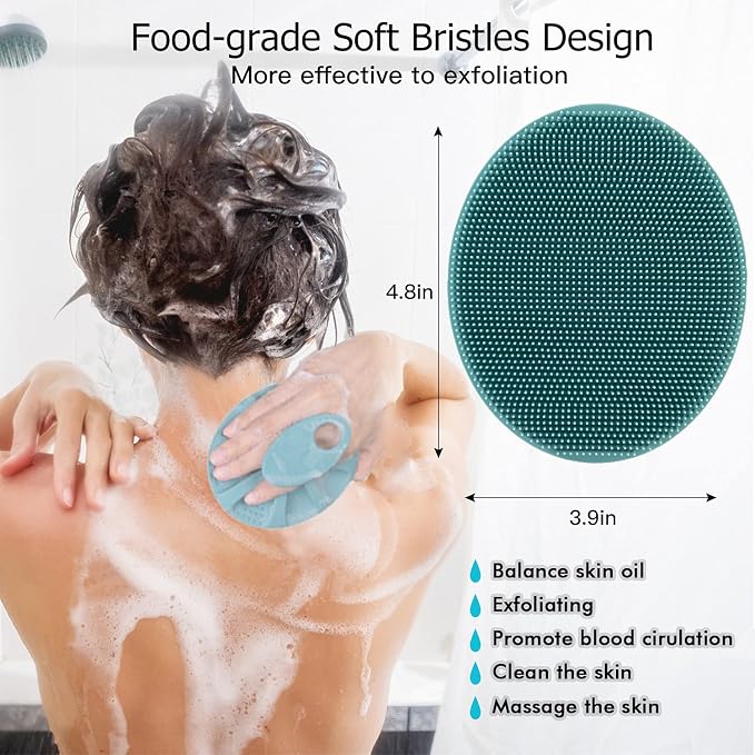 INNERNEED Silicone Body Cleansing Brush Exfoliating Scrubber, DGreen+Purple | Gentle Massage, Deep Clean, Hygienic Shower Scrub Brush Soft Bristles for All Skin Types, Easy to Hold