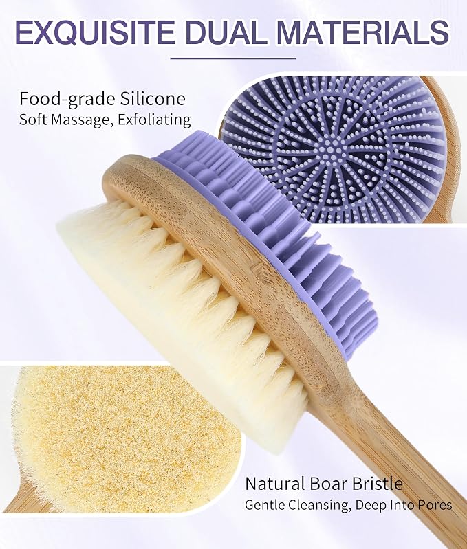 Back Scrubber for Shower - Double-Sided Silicone and Super-Dense Bristles for Deep Cleaning & Exfoliation, Bamboo Long Handle with Wider Anti-Slip Grip, Rich Foam, Durable (Purple)