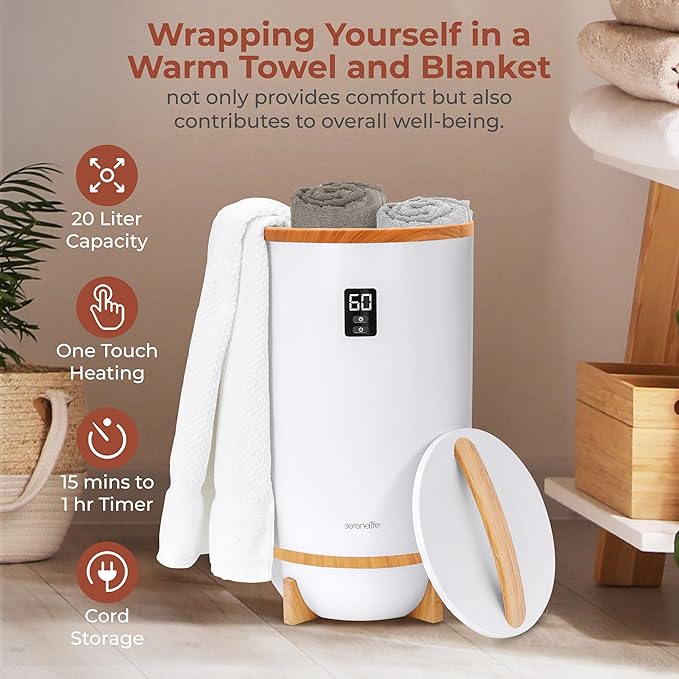 SereneLife Towel and Blanket Warmer - Single Touch Portable Towel Heater for Bathroom, Fragrant Disc Holder, LED Ring, 2 Large Towel Capacity, Built-in Timer (15-60 mins), Auto Shut-Off (White)