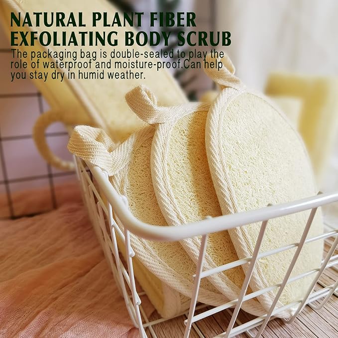 YIQINGJIE Natural Loofah Sponge Exfoliating Body Scrubber (3 Pack),Made with Eco-Friendly and Biodegradable Shower Luffa Sponge, Loofah for Women and Men, Beige