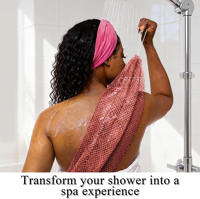 SubSahara Authentic African Net Sponge, 2 Pack 45-Inch Exfoliating Bath Sponge and Shower Loofah for Body and Back, Colorfast Quick-Dry Knotted Mesh Scrubber with Travel Pouch (Gray & Rust Red)