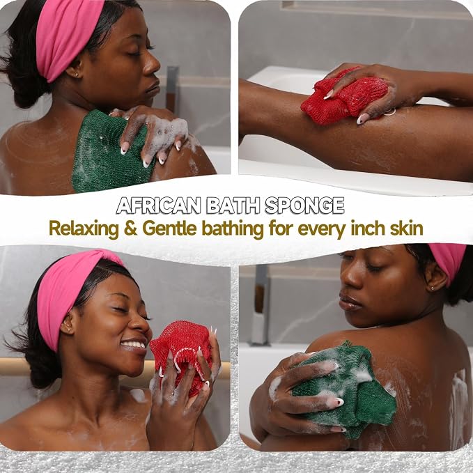 SubSahara Authentic African Net Sponge, 2 Pack 45-Inch Exfoliating Bath Sponge and Shower Loofah for Body and Back, Colorfast Quick-Dry Knotted Mesh Scrubber with Travel Pouch(Red & Green)