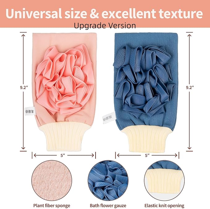 Deep Exfoliating Mitts (2pcs) Double-Sided Gloves for Shower, Body Massage Scrub & Bath Loofah Sponge，Skin Exfoliator, Dead Skin Remover (Pink & Blue)