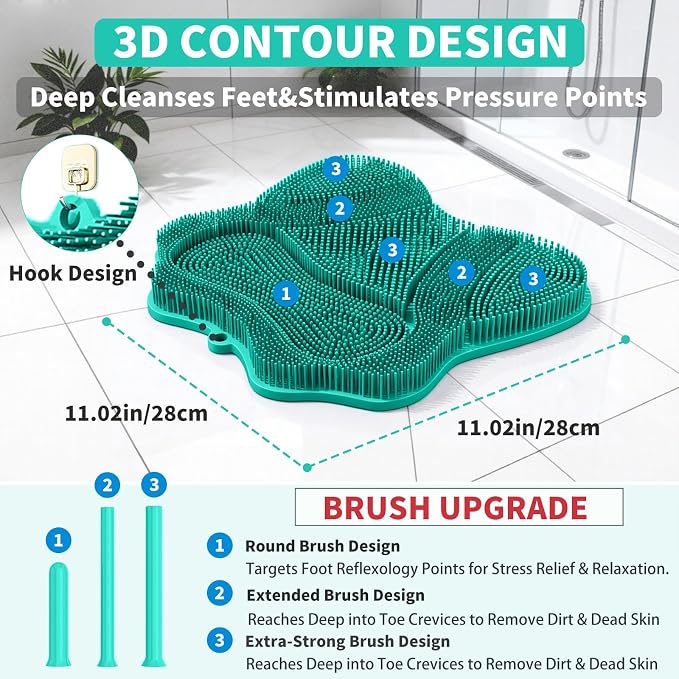Show Foot Scrubber Mat & Silicone Back Scrubber with Butterfly Form Design,3 Brush Designs for Deep Cleaning Shower Foot Scrubber Mat, Wall Mounted Back Scrubber Silicone Bath(Mint Green)
