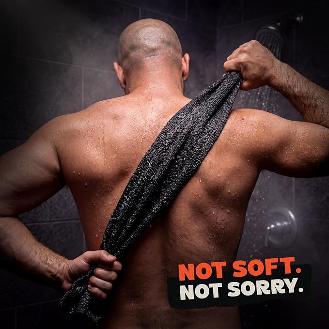 Extra Rough Exfoliating Washcloth, Body and Back Scrubber for Men, 1 Pack | 35 x 12 nylon extra rough exfoliating shower towel with a sewn-in hanging loop for easy upper and lower back reach.