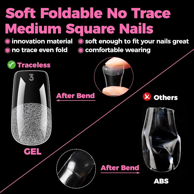 UNA GELLA Medium Square Gel Nail Tips, 15 Sizes Pre Etched Soft Gel | Nail Tips Square 300pcs Fake Nails Full Cover for Press On False Nail Extension Home DIY Salon for Women