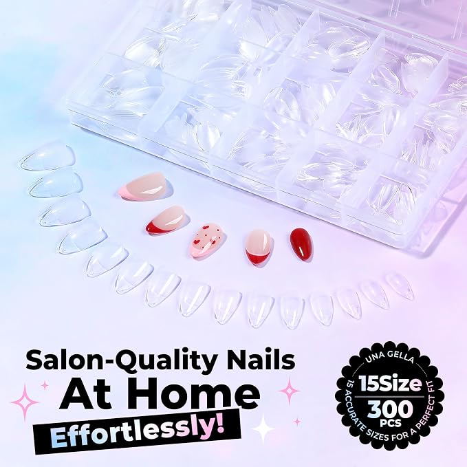 UNA GELLA Short Almond Gel Nail Tips 15 Sizes 300PCS Pre-Etched Soft Gel | Clear Nail Tips Easy DIY Salon Short Almond Press On Nails Snug Fit Acrylic Fake Tips Extensions Long-Lasting Hold