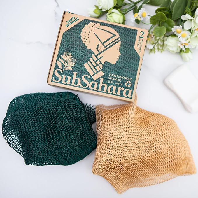 SubSahara Authentic African Net Sponge, 2 Pack 45-Inch Exfoliating Bath Sponge and Shower Loofah for Body and Back, Colorfast Quick-Dry Knotted Mesh Scrubber with Travel Pouch (Golden & Forest Green)