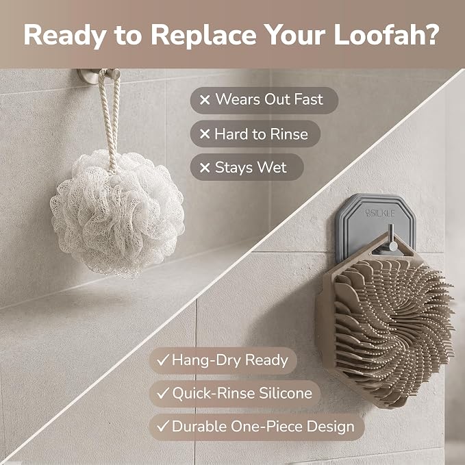 SILKLE Silicone Body Scrubber Exfoliator, Shower Scrubber & Silicone Loofah | Exfoliating Body Scrubber, Non-Slip Grip - Silicone Bath Brush & Shower Brush for Body, Quick-Rinse One-Piece Design - Clay