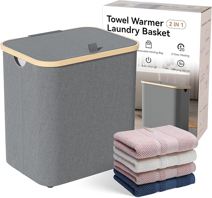 2-in-1 35L Towel Warmer & 46L Laundry Basket, Foldable Towel Warmers for Bathroom, Extra Large Blanket Warmers, Auto Shut Off, Fits 3 Oversized 40"X70" Towels, Ideal