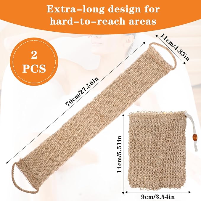 Thinp Natural Loofah Back Scrubber, Extra Rough Exfoliating Back Scrubber with Handle for Men Women-Back Exfoliator for Shower Long Durable Deep Cleansing, with Soap Saver Bag
