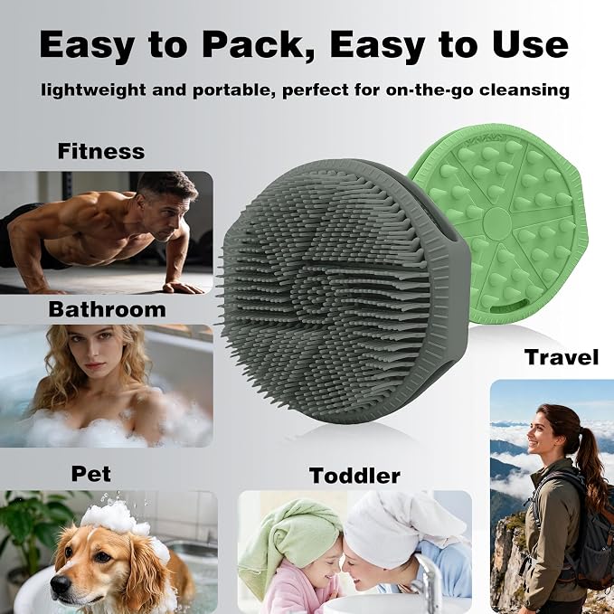 Silicone Body Scrubber for Men Women, Dual-Sided Bath Brushes Gentle Exfoliating Body Scrubber Scalp Massager for Deep Cleansing, Soft Silicone Loofah Body Washing Brushes (Gray+Green)