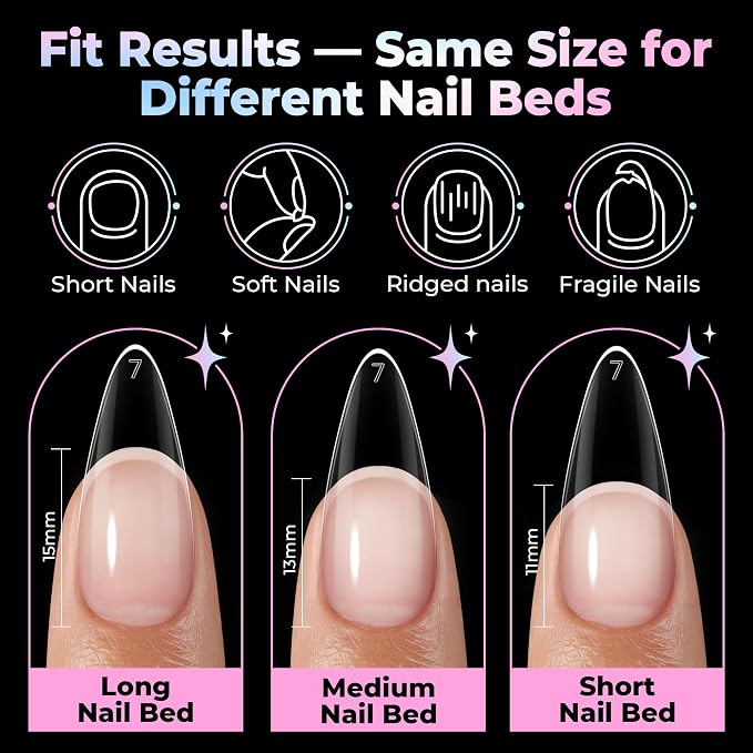 UNA GELLA Stiletto Gel Nail Tips Medium 15 Sizes Pre-Etched Clear Tips | 300PCS Easy DIY Salon Stiletto Almond Press On Nails Snug Fit Full False Fake Nail Extensions Long-Lasting Hold