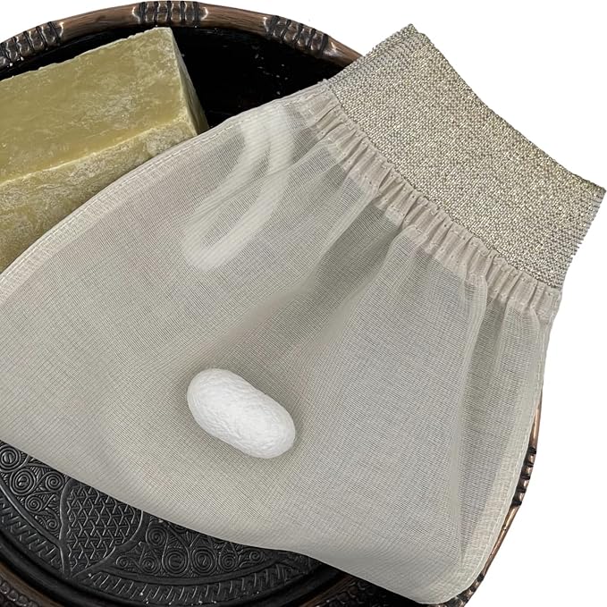 Feel Fine Turkish Exfoliating Mitt – 100% Raw Silk Hammam Kese Glove for Men & Women | Handcrafted Turkish Skin Peeling Scrubber Bath & Sauna Exfoliator (Gold-a)