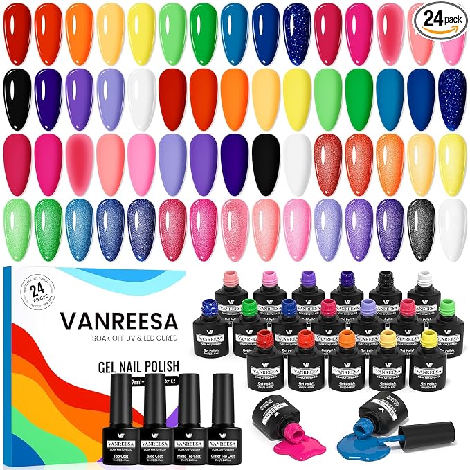 VANREESA 24 Pcs Gel Nail Polish Set - 20 Trendy Colors Gel Nail Polish | 1 Base Coat & 3pcs Glossy/Matte/Gloden Top Coats, Red Orange Yellow Green Blue Pink Gel Polish, Gel Nail Kit Gifts for Women