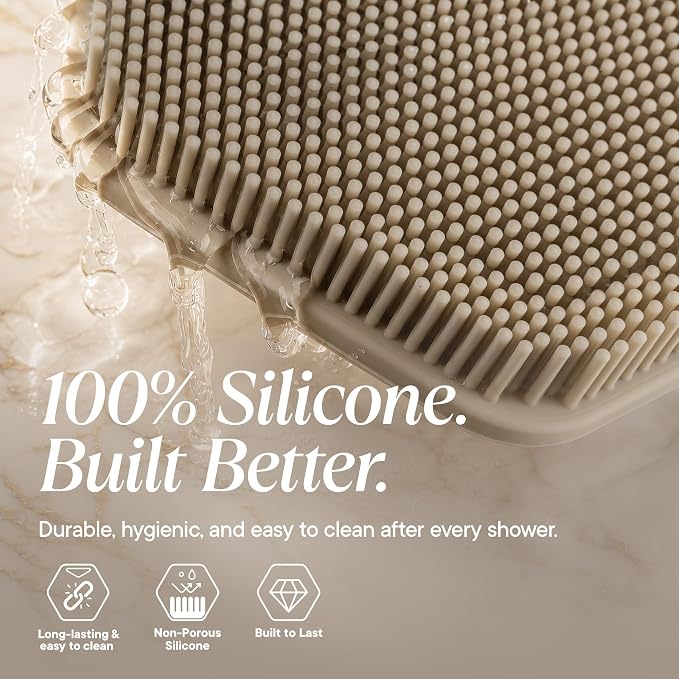 TOOLETRIES Silicone Back Scrubber for Shower, Bath Brush - Sand | Long ergonomic handle and non-slip grip make exfoliating hard-to-reach areas simple and comfortable.