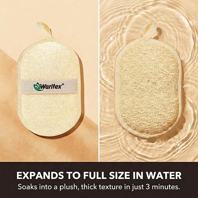 Waritex Organic Egyptian Loofah Oval Exfoliating Body Scrubbers [3 Pack] | Natural Loofah Shower Pads with Hand Strap for Gentle Skin Exfoliation, Smooth & Refreshing Skin, Face & Body Spa Experience
