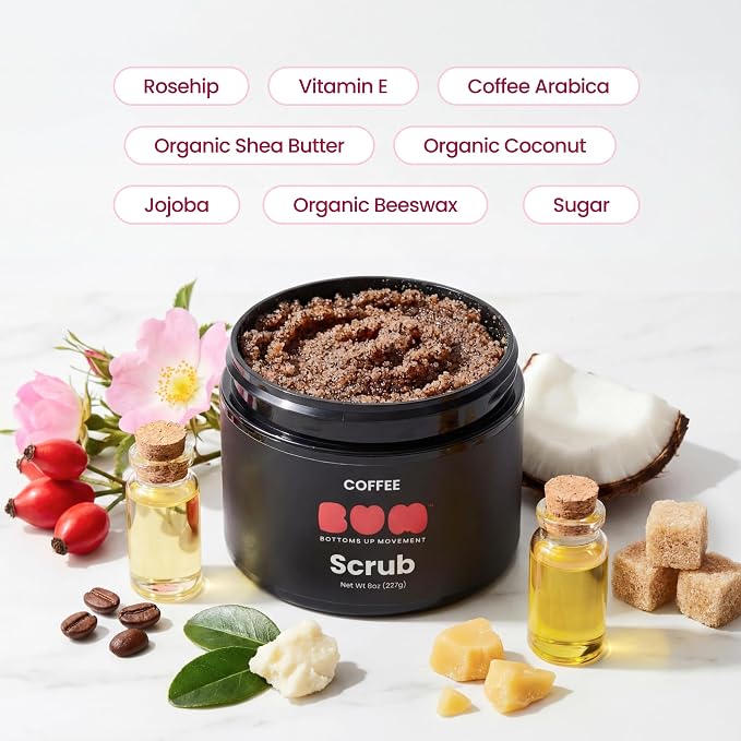 BUM Coffee Sugar Scrub for Body - Coffee Scrub Body Exfoliator with Organic Shea, Coconut Oil, Rosehip, Vitamin E & Jojoba - Moisturizing, Seductively Scented & Subtly Flavored Exfoliant (2 oz)