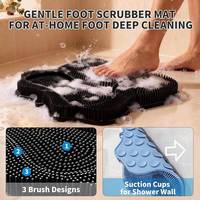Show Foot Scrubber Mat & Silicone Back Scrubber with Butterfly Form Design,3 Brush Designs for Deep Cleaning Shower Foot Scrubber Mat, Wall Mounted Back Scrubber Silicone Bath (Black)