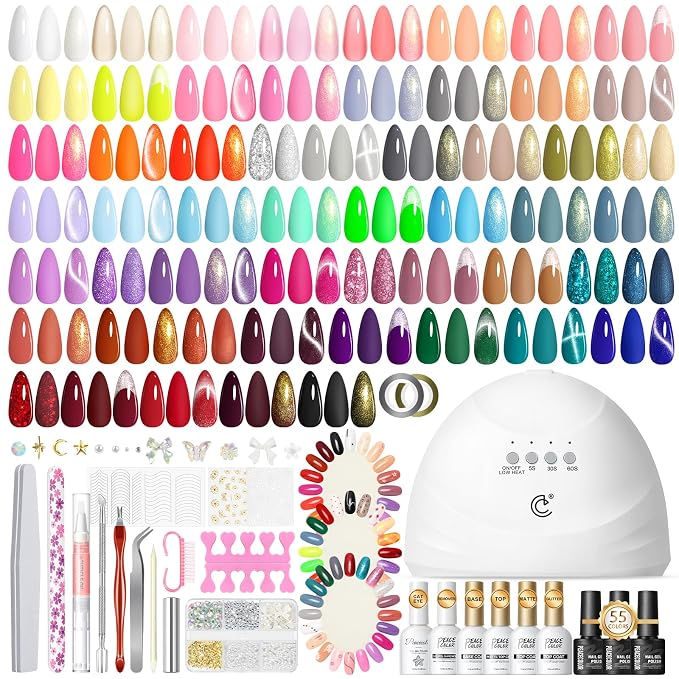 PEACECOLOR Gel Nail Polish Kit with U V Light 82PCS, 56 Colors Gel Polish Set with Cat Eye Gel Nail Polish 4Pcs Glossy/Matte/Glitter Top Base Coat Rhinestones Manicure Kit Gifts for Women Salon Home
