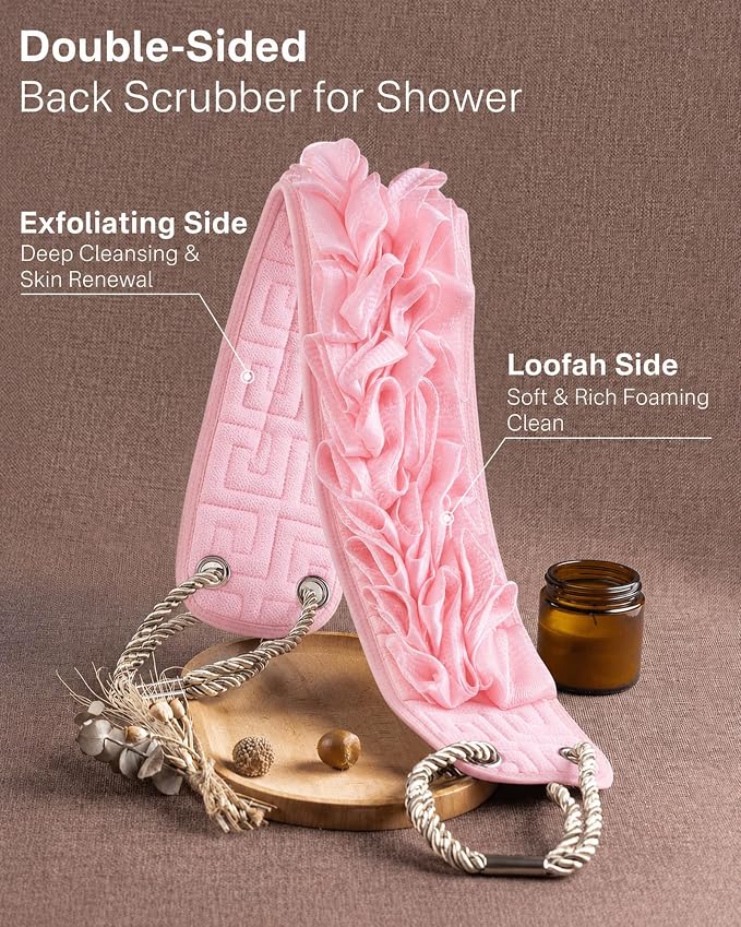 Yiclick Back Scrubber for Shower, Exfoliating Washcloth Towel with Handle, Body Scrubber Exfoliator, Bath Sponge Loofah Luffa, Back Washer Wash Cloth for Men Women, Korean Exfoliate Body Scrub