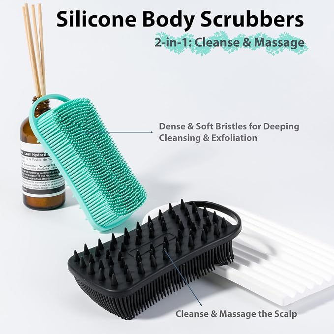 MtBoi 2 PC Silicone Body Scrubber, 2 in 1 Exfoliating Shower Bath Scrubber, Soft Silicone Loofah for Sensitive Skin, Shower Hair Scalp Massager, Easy to Clean, Lather Well (Black&Green)