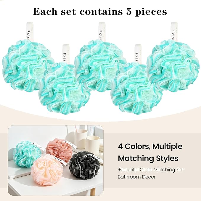 Bath Loofah Sponge 70 Grams Large Size, Soft Mesh Long-Lasting Shower Loofah for Rich Lather, 5 Pack Shower Sponge Exfoliating Cleaning Bath Loofa Body Scrubber Balls for Men & Women(Green)