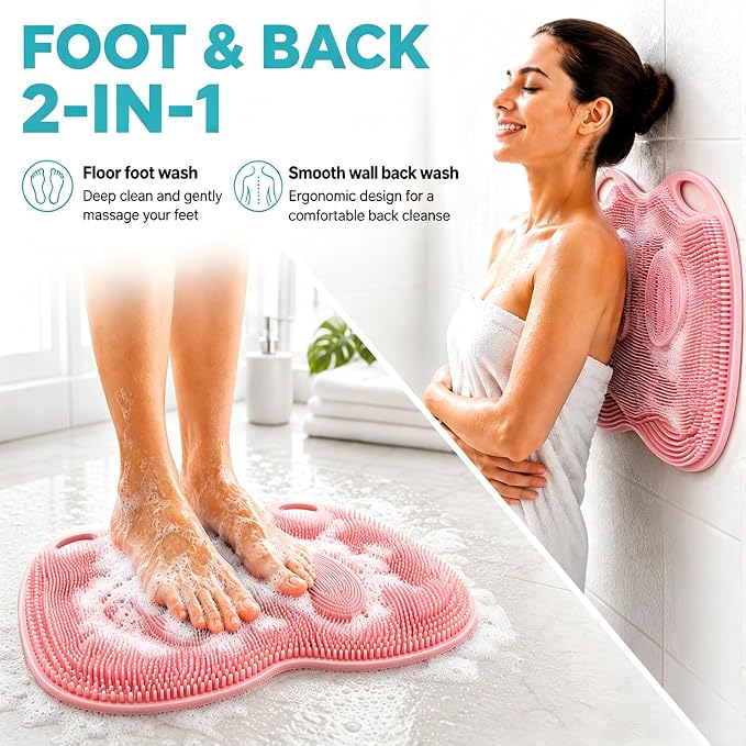 XL Silicone Shower Foot Scrubber Mat with Suction Cups, Foot Washer for Shower, Foot and Back Scrubber for Smooth Shower Wall or Floor, Pink, 17.32 x 12.99 in