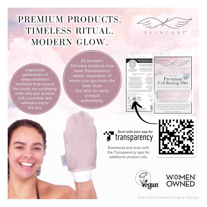 Seraphic Skincare Limited-Edition Pink Premium Exfoliating Mitt for Body 1pc – Exfoliating Glove & Body Scrubber for Shower Use, Deep Body Exfoliation, Dead Skin Removal & Self Tanner Washcloth