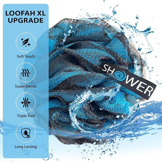 SHOWER BOUQUET Loofah-Charcoal Bath-Sponge XL-Color-4-Pack Extra-Large 75g | Soft Mesh Luffa Loufa Loofa Puff Set / Exfoliating Body Scrubber Lufas for Women and Men - Face & Body Shower Loofah Sponge