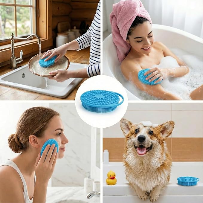 3-Pack Silicone Shower Scrubber for Body – Dual-Sided Loofah Brush with Ergonomic Handle, Fast-Drying Exfoliator – Black, Blue, Green