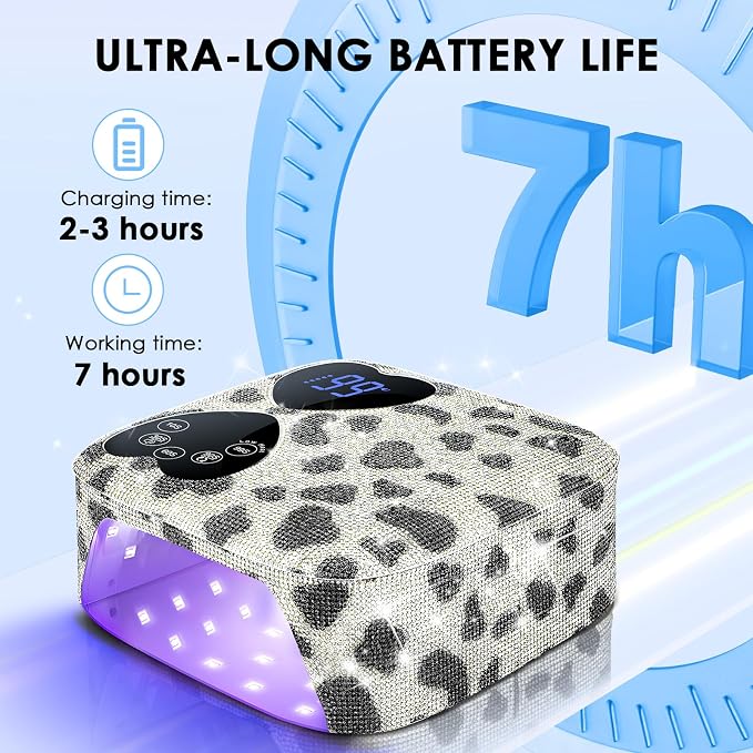 UV LED Nail Lamp Cordless, HUITINE 80W Rechargeable UV Light for Gel Nails | 5 Timers & Mirror Base, Professional Gel Light Dryer, Sparkling Rhinestones Curing Lamp for Salon & Home (Cow Diamond)