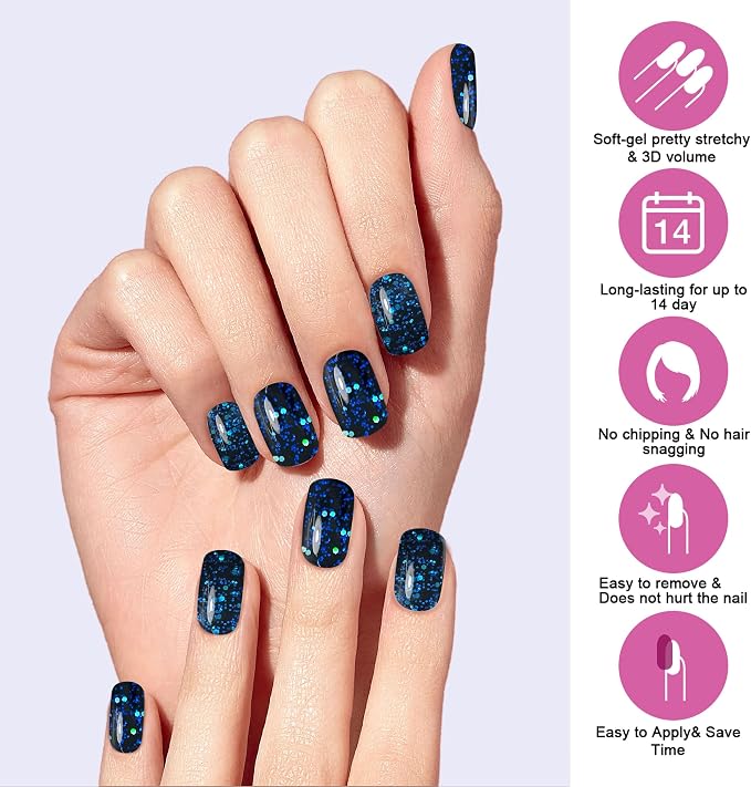 Semi Cured Gel Nail Strips, 22pcs UV Nails Polish Art Sticker, Nail Wraps with UV Light Required for Home Manicure DIY, Long Lasting, Easy Application & Removal, Salon Quality (Dark Sapphire 024)