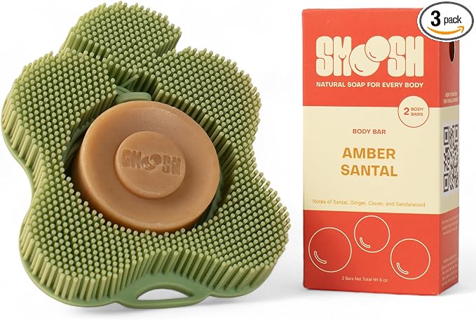 Smoosh® Body Scrubber, Sage & 2-Count Bar Soap, Amber Santal - Silicone Body Scrubber with Embedded Bar Soap for Shower Exfoliation and Cleansing