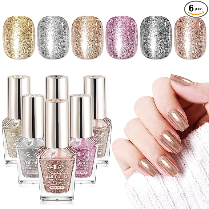 SAVILAND Diamond Glitter Nail Polish Set, 6 Colors Qiuck Dry | Sparkle Holographic Finish, Long Lasting Fingernail Polish, Non-toxic, For Holiday Party Designs Home DIY Women
