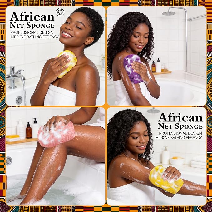 African Net Sponge Authentic, 3 Pieces Exfoliating Bath Sponge for Deep Cleansing, Reusable Body Scrubber, Back Scrubber for Shower, Suitable for All Skin Types Men & Women(Yellow,Pink,Purple)