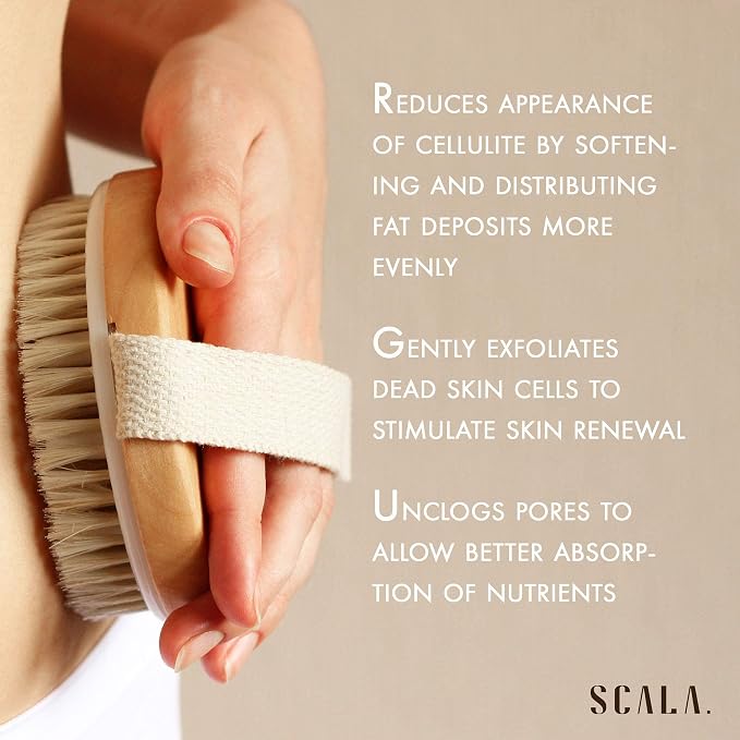 Scala Body Brush Natural Bristle, Dry Brushing Exfoliator for Dead Skin | Medium strength bristles, boosts circulation, lymphatic drainage, cellulite care
