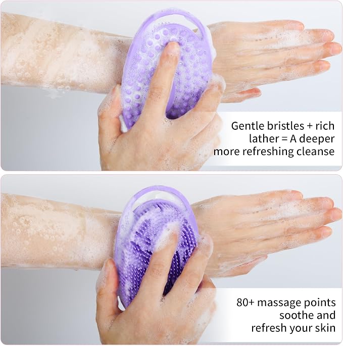 2 Pack Silicone Body Scrubber for Shower, Soft & Gentle Loofah Alternative for Sensitive Skin, Quick-Drying & Hygienic Body Wash Scrubber Brush for Women, Men & Kids (Purple & Pink)